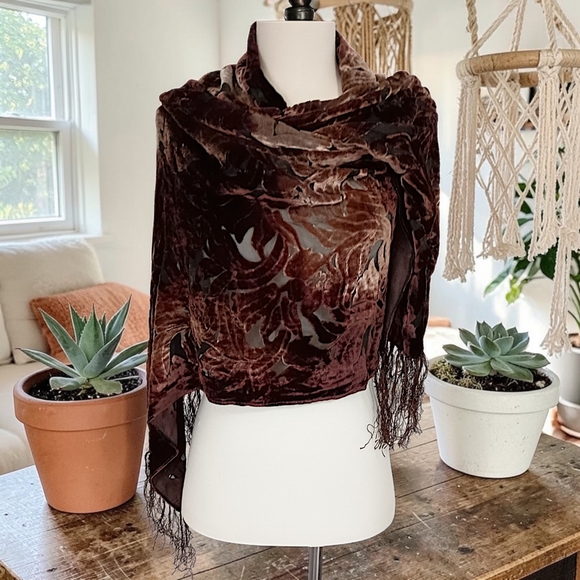 Vtg Silk Velvet Burnout Piano Shawl Scarf Brown Ombre Bohemian Witchy Victorian - Picture 14 of 16